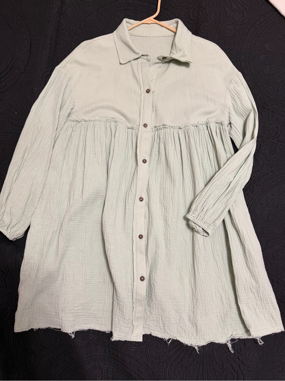 Light Sage Button-Front Gauze Babydoll Dress